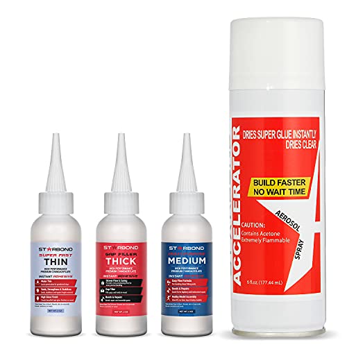 Premium CA Glue with Activator Bundle by STARBOND - (2oz) Thin CA Glue, Medium CA Glue, Thick CA Glue, 6 oz. Aerosol Accelerator - CA Glue for Woodworking, Woodturning, Hobby Models, 3D Printing