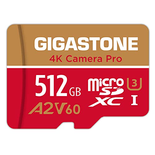 [5-Yrs Free Data Recovery] Gigastone 512GB Micro SD Card, 4K Camera Pro, A2 V60 MicroSDXC Memory Card for Smartphone, Gopro, Action Cams, 4K UHD Video, Up to 160/100 MB/s, UHS-I U3 C10 with Adapter