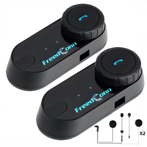 FreedConn Motorcycle Communication System Bluetooth 5.0 T-COMVB Helmet Bluetooth Headset for Motorbike Skiing 2~3 Riders Pairing/ 800M Range/Music Sharing / 2 Pack Changeable Hard/Soft Mic