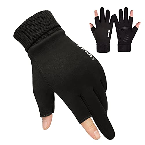 LSAMA Winter Cycling Gloves, 2-Fingerless Cycling Gloves Sport Running Bike Gloves, Mountain Biking Fishing Hunting Gloves, Driving Golf Gloves for Men Women
