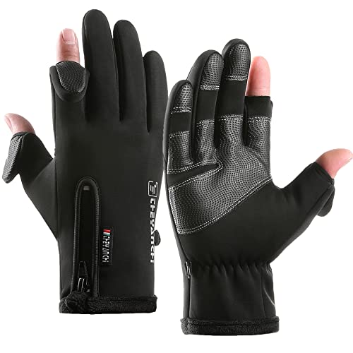 Winter Fingerless Fishing Gloves for Men & Women, Water Repellent & Anti-Slip Cold Weather Touchscreen Black Warm Bike Cycling Gloves for Motorcycle Work Driving Hunting Ski Running Hiking (Black, L)
