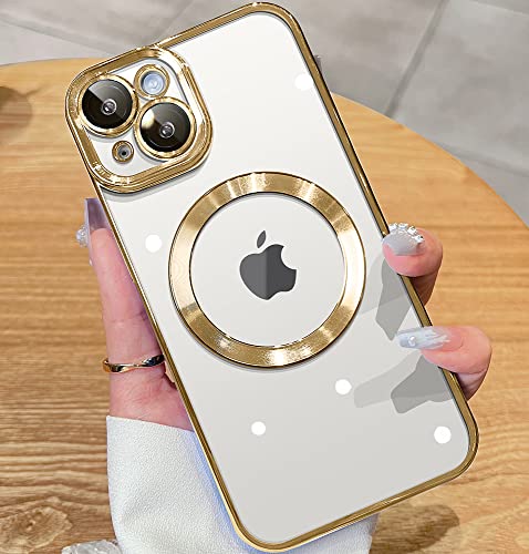 JUESHITUO Magnetic Metallic Glossy Clear for iPhone 14 Plus Case with Full Camera Cover Protection [No.1 Strong N52 Magnets] [Military Grade Drop Protection] for Women Girls Phone Case (6.7")-Gold