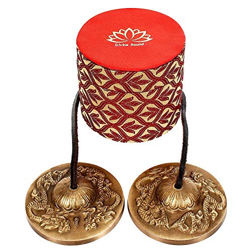 Nexxa Holy Buddha DRAGON Symbol Mantra engraved Manjira Tingsha Cymbals-Beautiful Gift Box for Meditation,Pray,Yoga,Sound healing, 7.5cm / 3" Tingsha Bell joined by Leather Strap