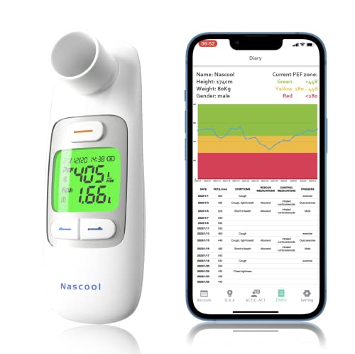 Nascool Peak Flow Meter with Bluetooth APP Spirometer for Asthma COPD Monitor PEF FEV1 Home Medical 300 Records Kids Adult