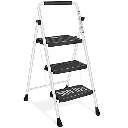 3 Step Ladder Folding Step Stool with Wide Anti-Slip Pedals and Comfort Handgrip for Kitchen Household and Office, Lightweight Capacity 500lbs Sturdy Step Ladder (White)