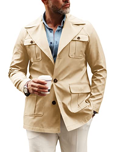 Mens Safari Jacket Casual Notched Lapel Cotton Blends Lightweight Multi-Pocket Coat