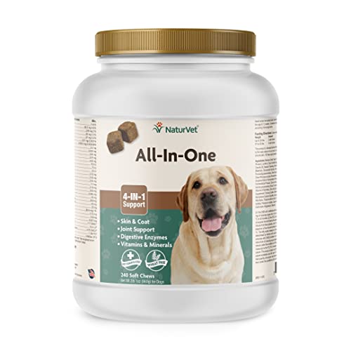 NaturVet All-in-One Dog Supplement - for Joint Support, Digestion, Skin, Coat Care  Dog Multivitamins with Minerals, Omega-3, 6, 9  Wheat-Free Vitamins for Dogs  240 Soft Chews