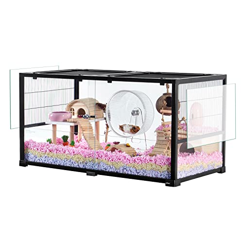 OIIBO Glass Hamster Cage 70 Gallon Large Hamster Cage Habitat with Mesh and Glass Side, 2 in 1 Chew-Proof Small Animal Cage for Reptiles, Dwarf Syrian Hamster Gerbils Hedgehog Guinea Pigs
