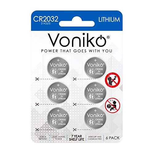 Voniko 3 Volt CR2032 Battery 6 Pack  Lithium Batteries  2032 Button Battery Flat  7 Years Shelf Life