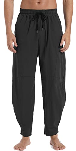 AITFINEISM Mens Cotton Linen Pants Elastic Drawstring Waist Lightweight Summer Beach Pants (34-36, Black)