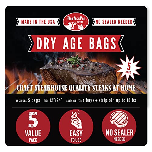 DryAgePro Dry Age Bags for Meat, Bag Size 12 x 24 for Ribeye Steak and Strip loin up to 18 lbs, Pack of 5, Craft Delicious Aged Beef at Home, No vacuum sealer needed, Easy to Use Steak Aging Kit