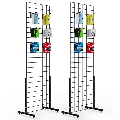Bonnlo 6' x 2' Wire Grid Panel Tower with T-Base Floorstanding, Wire Grid Wall Display Rack with Hooks 4", 6" and 8", 2-Pack Black
