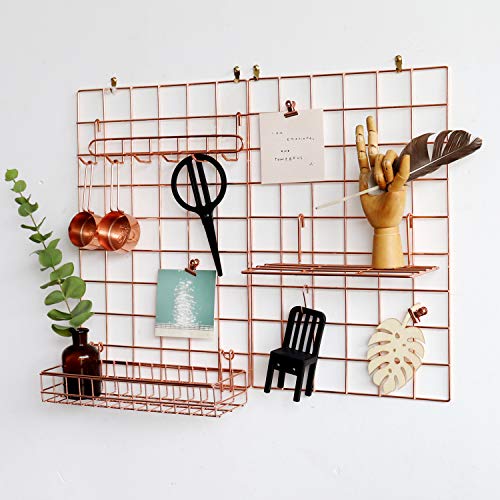 FRIADE Wall Grid Panel for Photo Display,Wall Storage Organizer ,5 Metal Clips & 3 S Hooks & 4 Nails & 4 Plastic Hanging Buckles and 4 Screws Offered,Size 17.5" x 11.8",2 Pack(Rose Gold)