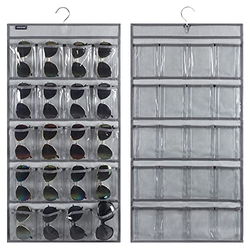 ANZORG Dual Sided Hanging Sunglasses Organizer Storage Wall Mounted Eyeglasses Holder Eyewear Display Case with 40 Clear Slots (40 Pockets-Grey)