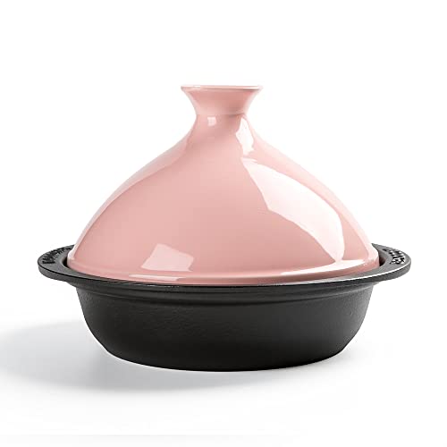 M-Cooker Tagine Pot - 3-Quart Moroccan Tajine with Cast Iron Base and Ceramic Cone-Shaped Lid, High-Quality Cookware- Pink