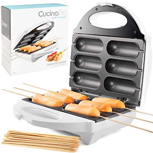 Corn Dog Maker - Perfect Hot Dogs on a Stick, Cheese Sticks, Cake Pops, and More - Includes 50 Skewers Plus Recipes, Easy to Use Electric Nonstick Baker, Great for BBQs, Makes 6 Mini Corn Dogs at Once