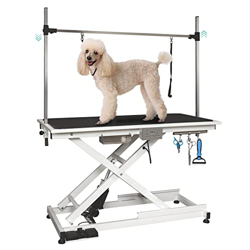 Lyromix Electric Dog Grooming Table, Height Adjustable Large Pet Drying Desktop, Foldable Bathing Desk with Overhead Arm, Clamps & 2 Nooses, Maximum Capacity Up to 440Lbs, 50in, White