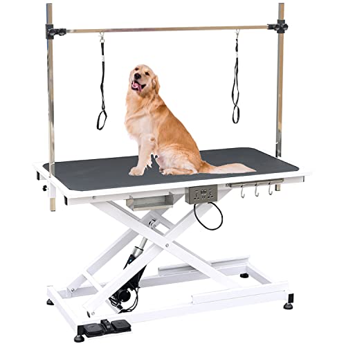 Afqxf Electric Lift Pet Grooming Table, Heavy Duty Professional X-Type Electric Dog Grooming Table for Large Dogs, with Overhead Arm, Clamps and Two Grooming Noose, 50''/ White