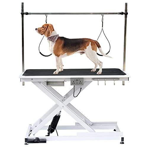 Fegherug Electric Grooming Table Extra Large Height Adjustable, Heavy Duty Collapsible Dog Grooming Station with Arms, Noose, Maximum Capacity Up to 250lbs, 50''/ White