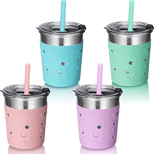 Tiblue Kids & Toddler Cups - Spill Proof Stainless Steel Smoothie Tumblers with Leak Proof Lids, Silicone Straw with Stopper & Sleeve - BPA FREE Snack Cups for Baby Girls Boys(4 Pack, 8oz Multicolor)