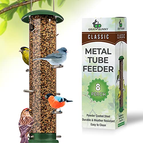 Gray Bunny Bird Feeders for Outdoors Hanging, 8 Port, Metal Finch Bird Feeder, Thistle & Nyjer Feeder, ChewProof, Great for Wild Bird - Green