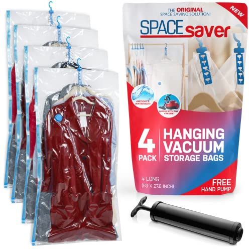 Spacesaver Hanging Vacuum Seal Bags (Hanging 4 Pack) | Vacuum Sealer Bags, Closet Organizer, Sealed Storage, Space Bag | Blanket, Bedding, Garment, Clothing, Dress, Suit, Long Coat, Jacket