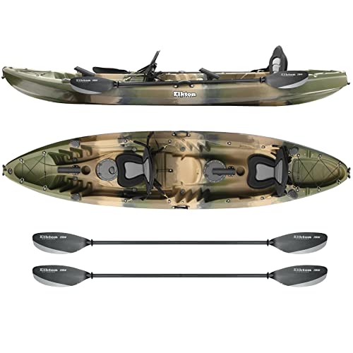 Elkton Outdoors Hard Shell Recreational Tandem Kayak, 2 or 3 Person Sit On Top Kayak Package with 2 EVA Padded Seats, Includes 2 Aluminum Paddles and Fishing Rod Holders (Camo)