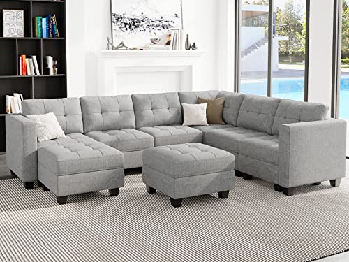 Belffin Convertible Modular Sectional Sofa Couch with Storage Seat L Shaped 4-Seat Sofa Couch with Reversible Chaise Modular Sectional Fabric Light Grey