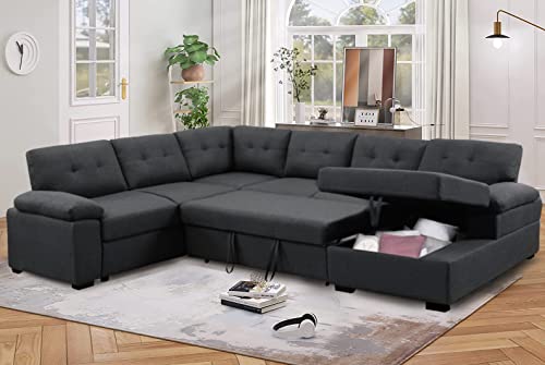 asunflower Sleeper Couch Sectional Sofa Bed Living Room Pull Out Couch Bed with Storage Chaise Lounge U-Shape 6 Seats Modern Fabric Couch Furniture Set in Dark Grey