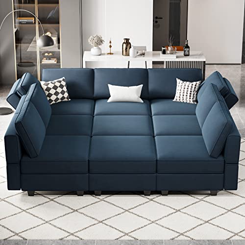 Belffin Modular Sectional Sofa with Ottomans Velvet Reversible Sleeper Sectional Sofa with Chaise Modular Sleeper Sofa Bed with Storage Seat Blue