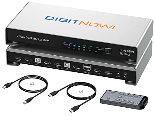 DIGITNOW Dual Monitor KVM Switch, 2 Port HDMI KVM UHD 4K@60Hz, Extended Display KVM Switch 2 Computers 2 Monitors with 3 USB Ports, L/R Audio,Remote & Hotkey & Button Switching PC, Support EDID