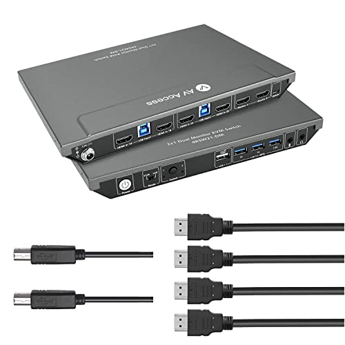 AV Access KVM Switch Dual Monitor with 4 HDMI Cables, 4K@60Hz, 2K@144Hz, 1080P@240Hz, USB 3.0 KVM Switch 2 Monitors 2 Computers, Ultra-Wide Screen Monitor Keyboard Mouse Switcher, Hotkey Switch