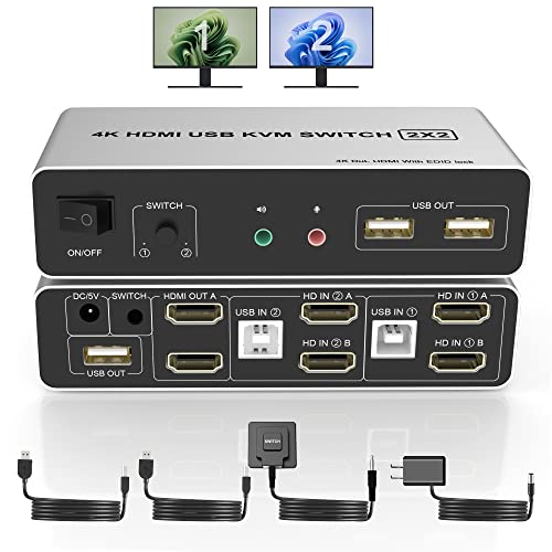 HDMI KVM Switch Dual Monitor 2 Computers, Support EDID, 4K@60Hz Extended Display KVM Switch 2 Port 2 Monitors with 3 USB Ports and Audio Microphone Output, PC Keyboard Mouse Monitor Switcher