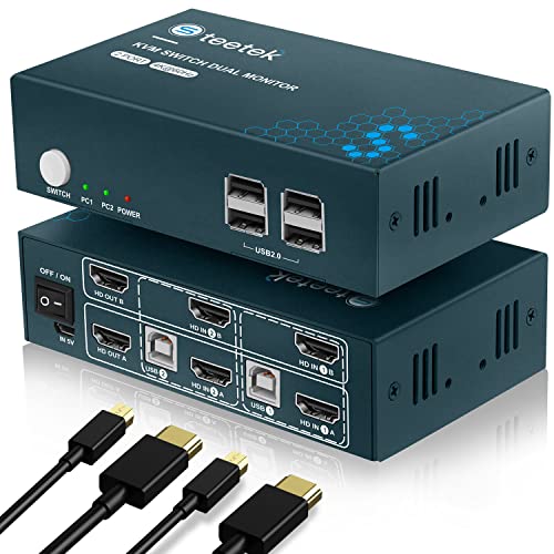 Steetek USB 2.0 Kvm Switch Dual Monitor HDMI 2 Port, Kvm Switch 4K@60Hz 2 Computers Share 2 Monitors and 1 Set Keyboard Mouse, HDMI Kvm Switch Dual Display, Button Switch with 2 USB and 4 HDMI Cable