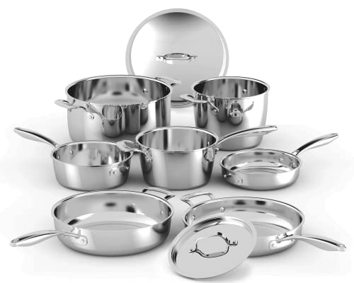 Nuwave Pro-Smart 9pc Stainless Steel Cookware Set, Heavy-Duty Tri-Ply 3.1mm Thickness, 18/10SS, Space Saving Nestable Design, Stay-Cool Handles, Induction-Ready, Works on All Cooktops, 20Yer Wrranty