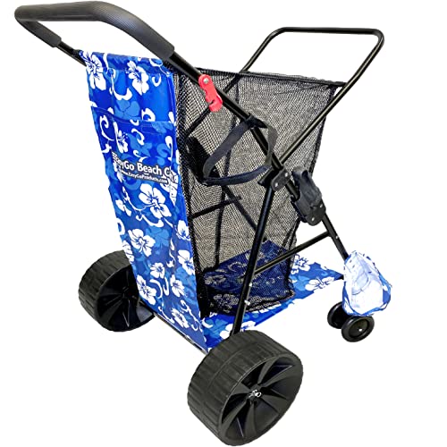 Beach Cart Wagon  Heavy Duty Folding Ocean Utility Cart  Large Sand Wheels  Holds 4 Beach Chairs  Storage Pouch  Beach Umbrella Holder  Flower Pattern