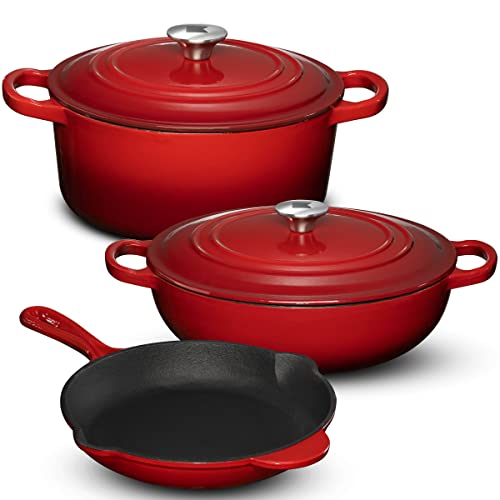 Enameled Cast Iron Cookware Set - 5 Pieces Gradient Red Braiser Dish, Fry Pan, & Dutch Oven Pot with Lids - Heavy Duty Non-Stick Kitchen Cookware Sets for Induction, Gas Stoves & All Cooktops