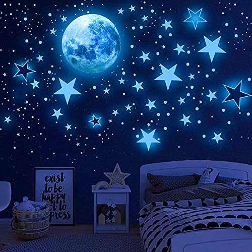 Glow in The Dark Stars for Ceiling, 1120PCS Airsnigi Glow in The Dark Wall Decals Long-Lasting Glowing Star Wall Stickers Perfect Gifts for Kids Room Decor, Halloween, Christmas - Blue