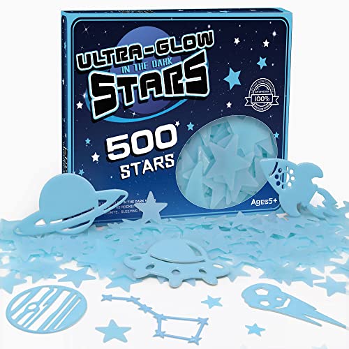 500Pcs 3D Glow in the Dark Stars Blue Glow in the Dark Stars for Ceiling Space Wall Decals Glowing Astronaut Universe Planet Galaxy Wall Stickers Ceiling Decorations for Boys Kids Girls Bedroom Decor (Blue)