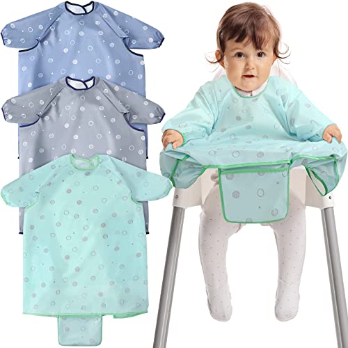 JaGely 3 Pcs Coverall Baby Feeding Bib Long Sleeves Attaches to Highchair Booster Seat Table Smock for Eating Easy Clean Apron Neutral Weaning 6-36 Months Toddler Boys Girls Kids, Blue, Gray, Green