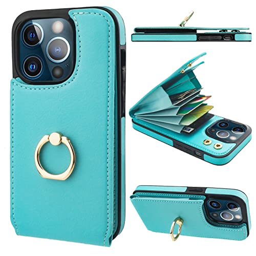 Folosu Compatible with iPhone 13 Pro Case Wallet with Card Holder, 360Rotation Finger Ring Holder Kickstand Protective RFID Blocking PU Leather Double Buttons Flip Shockproof Cover 6.1 Inch Green