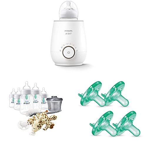 Philips Avent Infant Feeding Bundle with Anti-Colic Baby Bottle with AirFree Vent Newborn Gift Set + Fast Bottle Warmer + Soothie Pacifiers, 0-3 Months, 4 Pack, Green