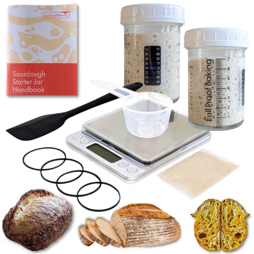 Full Proof Baking Sourdough Starter Kit with Fresh Sour Dough Starter (Ships Separately) - 2x 10oz Glass Jars w/Therms, Rulers, Feeding Ratios, Digital Scale, Spatula, Scoop | .5hr Guide Video