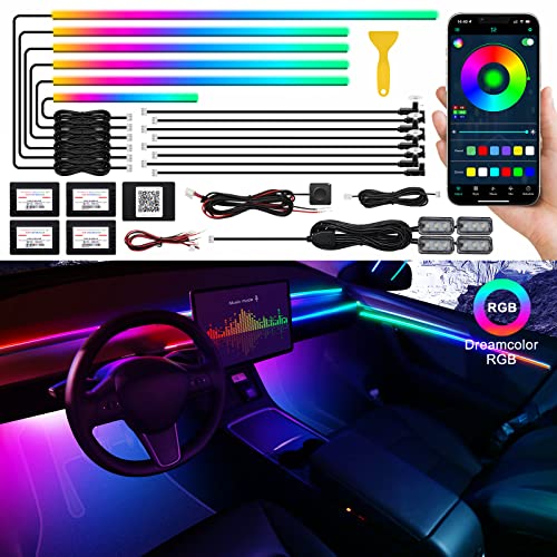 Dreamcolor Acrylic Interior Car LED Strip Light with Wireless APP, RGB 18 in 1 with 175 inches 593 LEDs Fiber Optic Ambient Lighting Kits, 16 Million Colors Sound Active Function Car Neon Lights