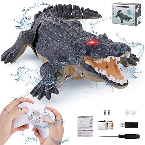 Outamateur RC Crocodile Boat,2.4GHz Alligator with Glowing Eyes,RC High Simulation Crocodile RC Boat Lake & Pool Toy,USB Rechargeable Waterproof Floating Alligator Toy for Kids Aged 6+ (Black)