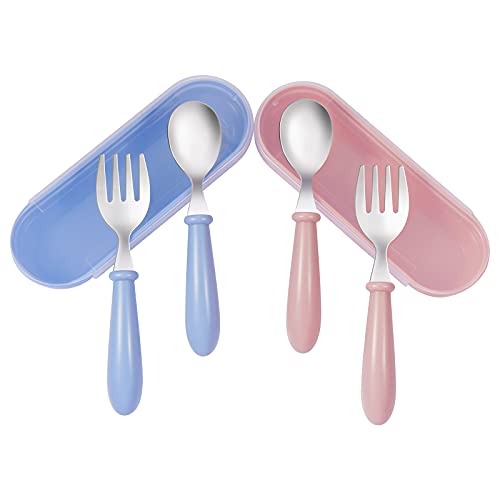 Kirecoo 4 Pieces Toddler Utensils Stainless Steel Baby Forks and Spoons Silverware Set Kids Silverware Children's Flatware Kids Cutlery Set with Travel Carrying Cases for Lunch Box (BluePink)