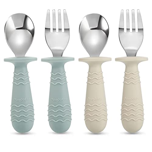 PandaEar 4 Set Baby Toddler Silicone Stainless Steel Utensils Silverware Spoon Fork for Baby Toddler BPA Free with Silicone Holding Anti-Choke Design