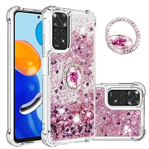 CCSmall for Xiaomi Redmi Note 11 4G Glitter Case with Ring Holder, Bling Sparkle Floating Liquid Soft TPU Cushion Fashion Clear Case Cover for Xiaomi Redmi Note 11 4G/Redmi Note 11S LSZ Rose Gold