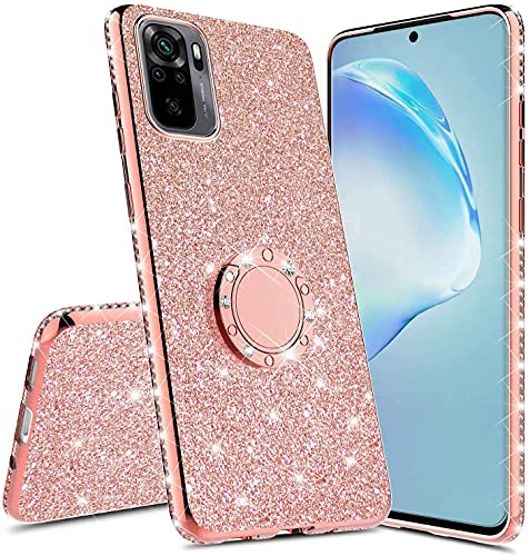 CCSmall For Xiaomi Redmi Note 10 4G (Not 5G) Case,Glitter Sparkle Bling w/Kickstand Case Shiny Crystal Rhinestone Diamond 360 Degree Ring Grip Magnetic Grip Phone Cover for Redmi Note 10S HH Rose Gold