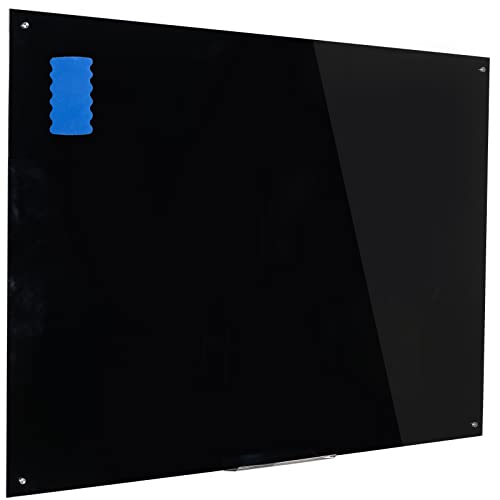 DexBoard Magnetic Black Glass Board with Eraser Frameless Tempered Glass Dry Erase Blackboard with Marker Tray for Interactive Office, Wall Mounted Frosted Black Glass Board, 48" x 36"